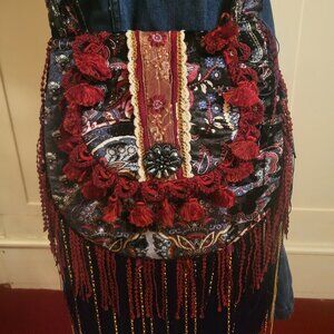 Handmade Fringe Paisley Velvet Crossbody Handbag Boho Gypsy Festival Purse Bag